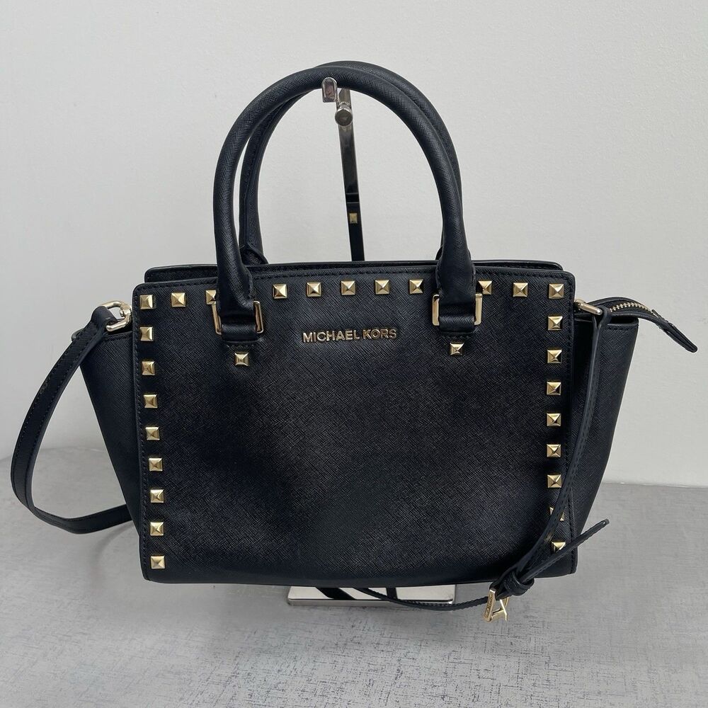 Michael Kors Gold Studded Black‎ Leather Selma Satchel Crossbody Handbag